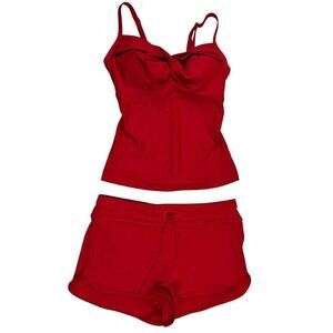 Athleta Red Tankini Swim Set 32D/32DD Top & XS Shorts Two Piece Swimsuit